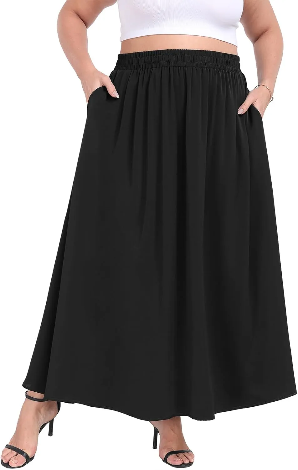 Lastshe Plus Size Maxi Skirts for Women Casual Elastic High Waisted Hide Drawstring Flowy A-line Long Skirt with Pockets