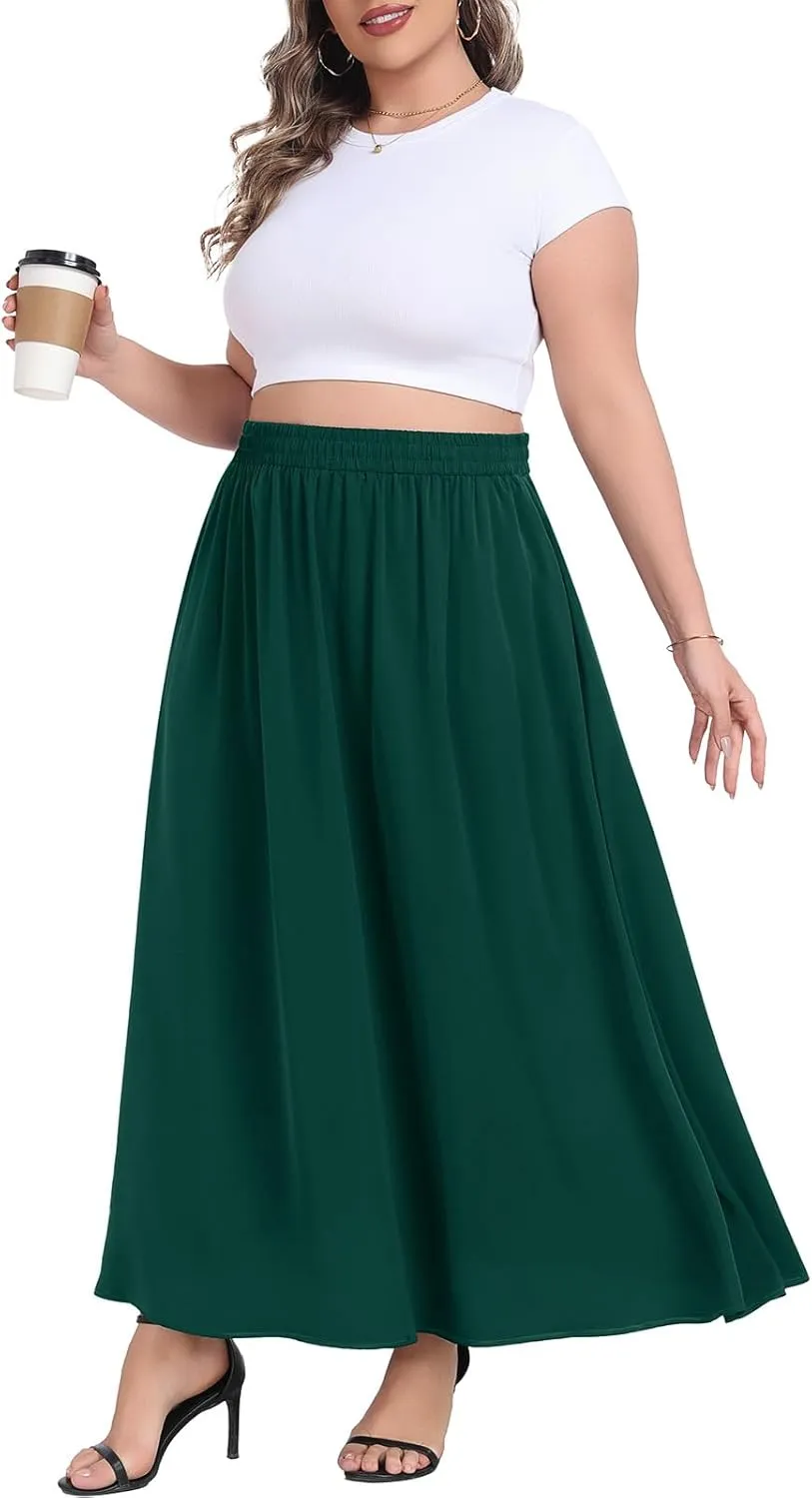Lastshe Plus Size Maxi Skirts for Women Casual Elastic High Waisted Hide Drawstring Flowy A-line Long Skirt with Pockets