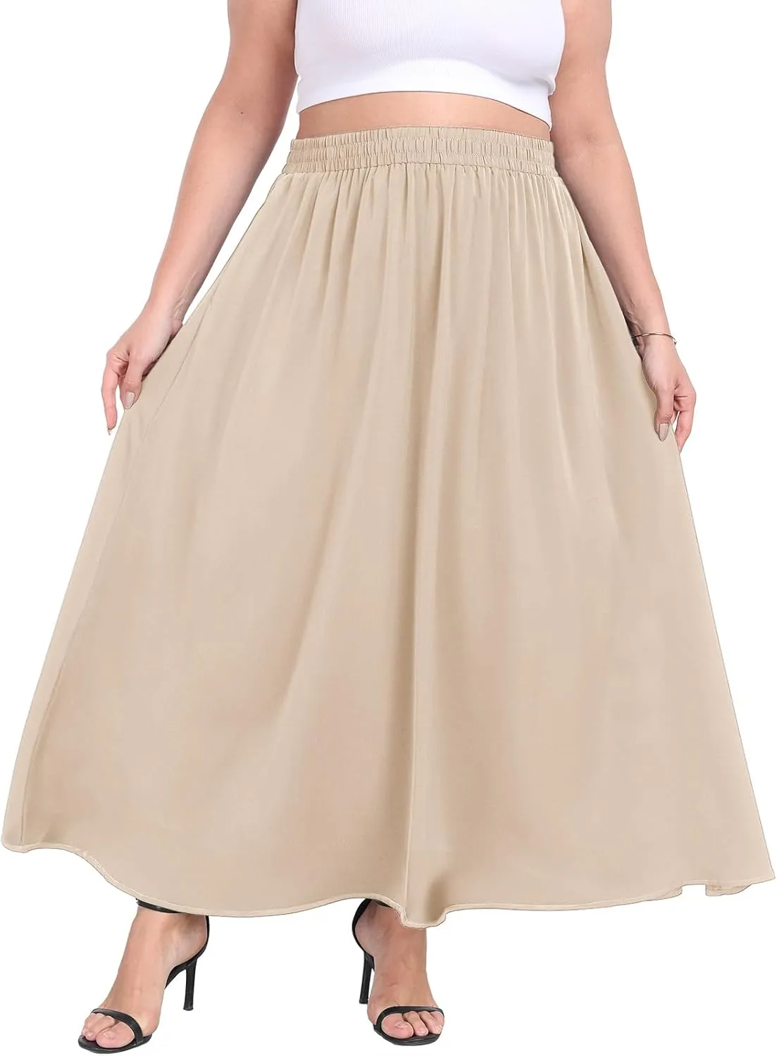 Lastshe Plus Size Maxi Skirts for Women Casual Elastic High Waisted Hide Drawstring Flowy A-line Long Skirt with Pockets