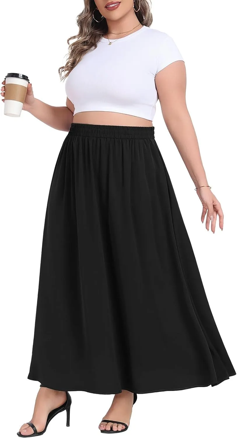 Lastshe Plus Size Maxi Skirts for Women Casual Elastic High Waisted Hide Drawstring Flowy A-line Long Skirt with Pockets