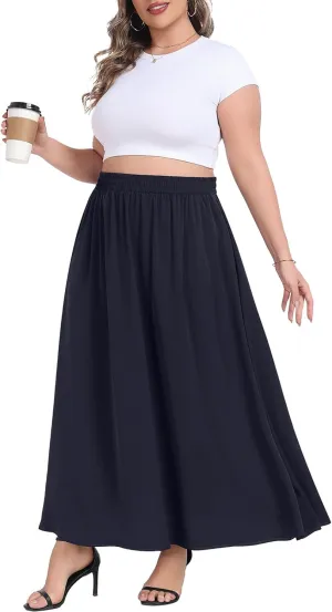 Lastshe Plus Size Maxi Skirts for Women Casual Elastic High Waisted Hide Drawstring Flowy A-line Long Skirt with Pockets