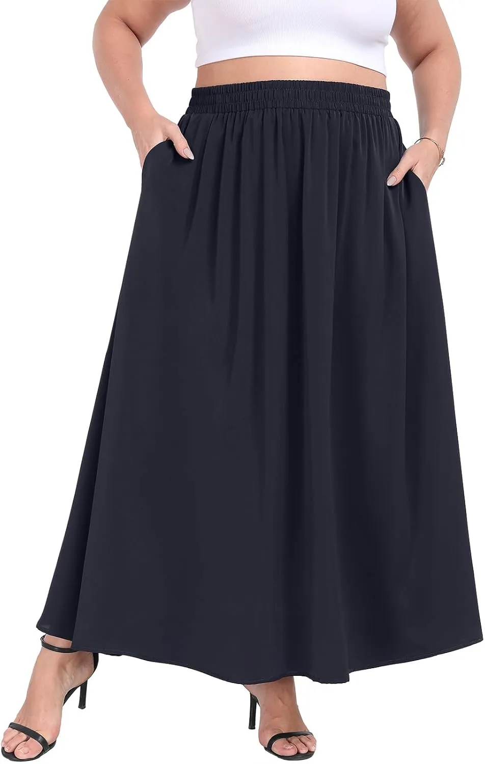 Lastshe Plus Size Maxi Skirts for Women Casual Elastic High Waisted Hide Drawstring Flowy A-line Long Skirt with Pockets
