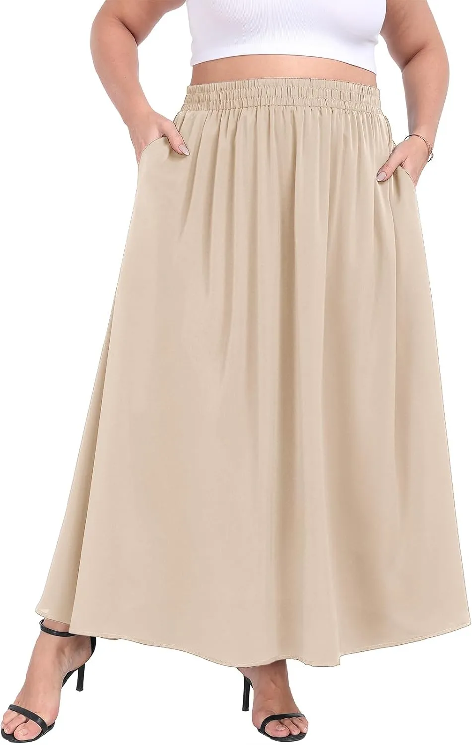 Lastshe Plus Size Maxi Skirts for Women Casual Elastic High Waisted Hide Drawstring Flowy A-line Long Skirt with Pockets