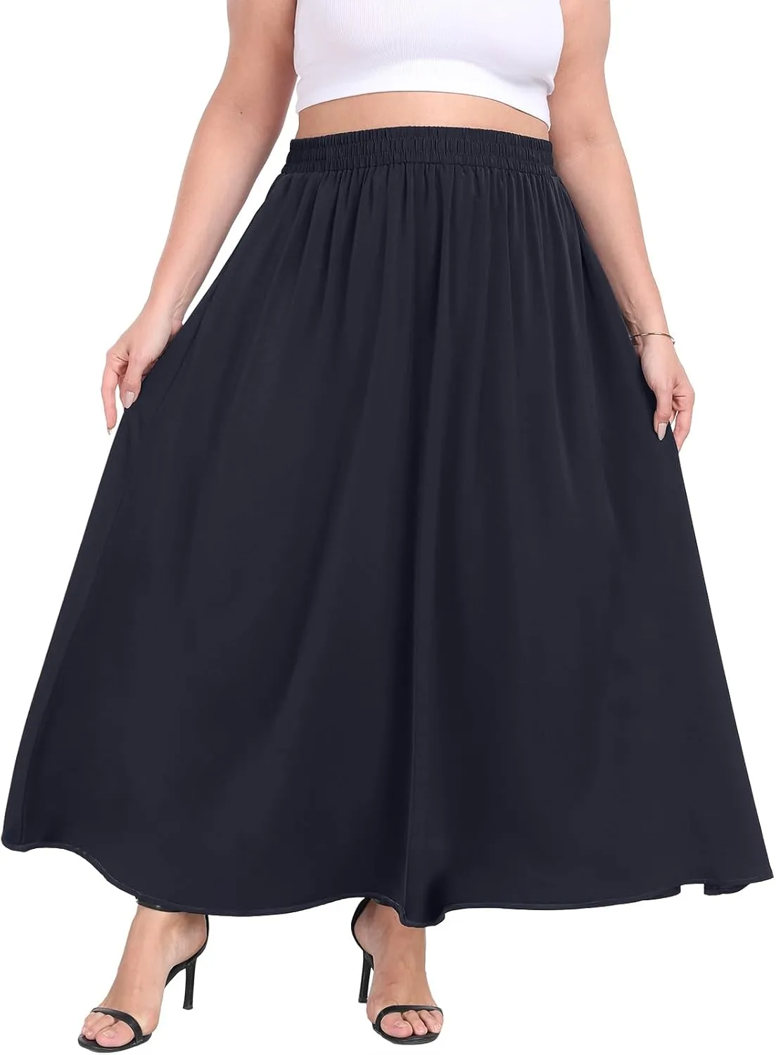 Lastshe Plus Size Maxi Skirts for Women Casual Elastic High Waisted Hide Drawstring Flowy A-line Long Skirt with Pockets