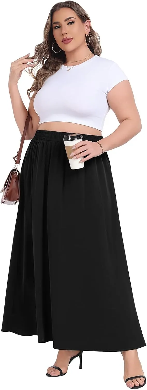 Lastshe Plus Size Maxi Skirts for Women Casual Elastic High Waisted Hide Drawstring Flowy A-line Long Skirt with Pockets