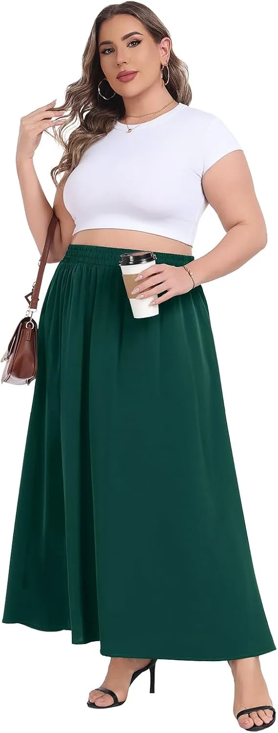 Lastshe Plus Size Maxi Skirts for Women Casual Elastic High Waisted Hide Drawstring Flowy A-line Long Skirt with Pockets