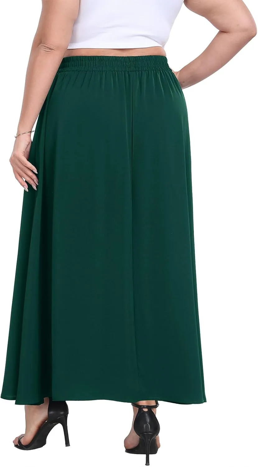 Lastshe Plus Size Maxi Skirts for Women Casual Elastic High Waisted Hide Drawstring Flowy A-line Long Skirt with Pockets