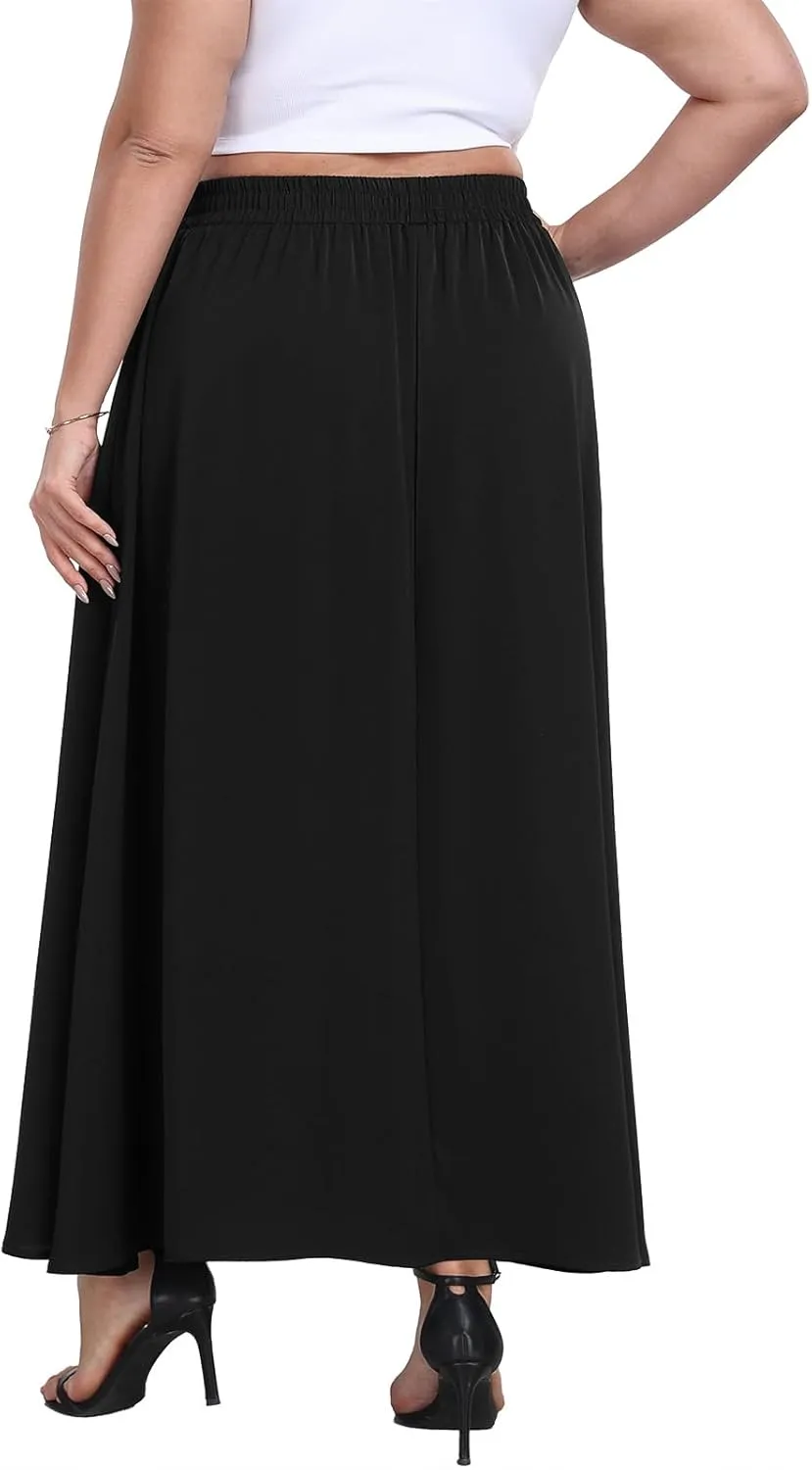 Lastshe Plus Size Maxi Skirts for Women Casual Elastic High Waisted Hide Drawstring Flowy A-line Long Skirt with Pockets