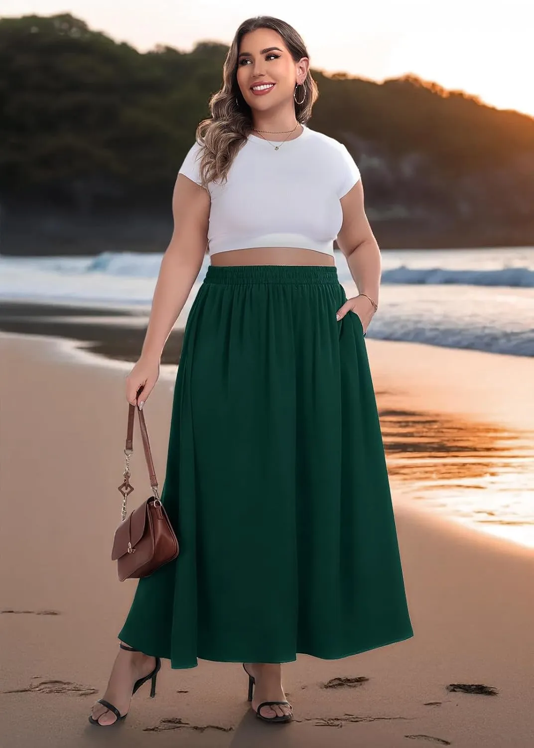 Lastshe Plus Size Maxi Skirts for Women Casual Elastic High Waisted Hide Drawstring Flowy A-line Long Skirt with Pockets
