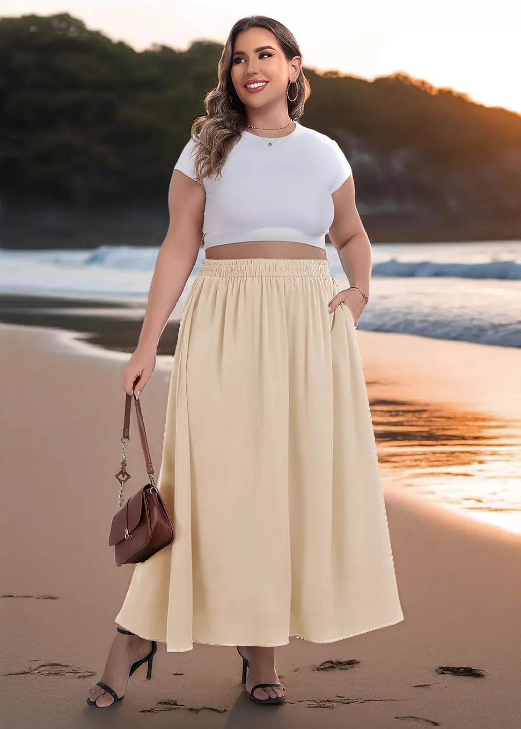 Lastshe Plus Size Maxi Skirts for Women Casual Elastic High Waisted Hide Drawstring Flowy A-line Long Skirt with Pockets