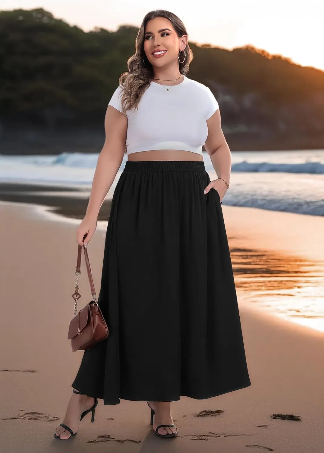 Lastshe Plus Size Maxi Skirts for Women Casual Elastic High Waisted Hide Drawstring Flowy A-line Long Skirt with Pockets