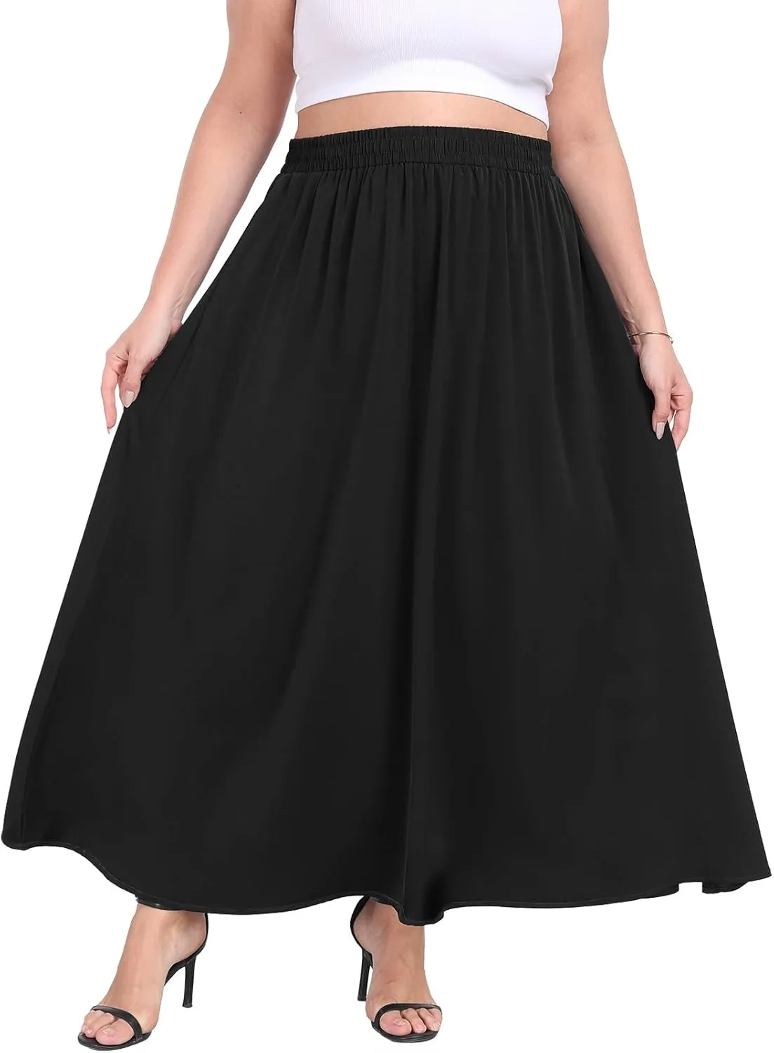 Lastshe Plus Size Maxi Skirts for Women Casual Elastic High Waisted Hide Drawstring Flowy A-line Long Skirt with Pockets
