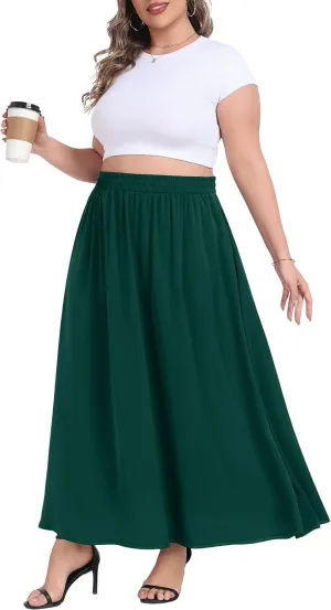 Lastshe Plus Size Maxi Skirts for Women Casual Elastic High Waisted Hide Drawstring Flowy A-line Long Skirt with Pockets