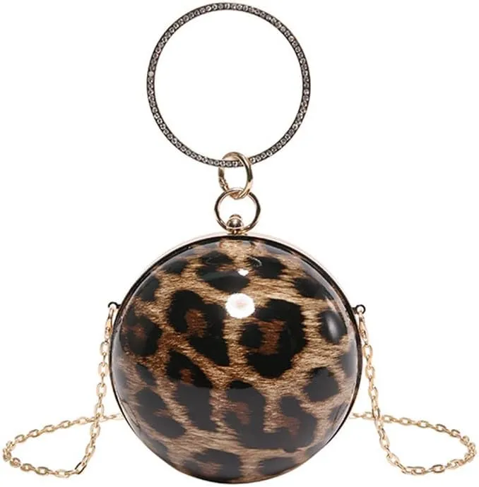 Leopard Print Round Clutch Bag with Chain Novelty Cheetah Print Ball Shaped Crossbody Bag Women Round Satchel Handbag