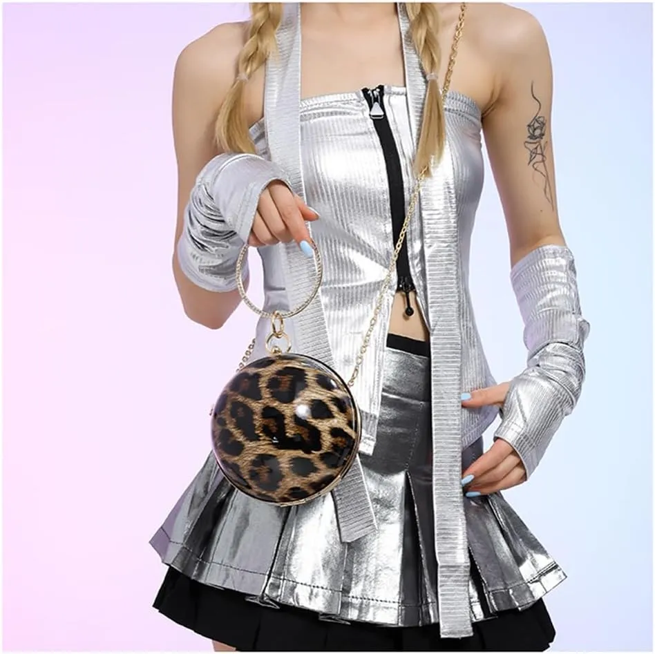 Leopard Print Round Clutch Bag with Chain Novelty Cheetah Print Ball Shaped Crossbody Bag Women Round Satchel Handbag