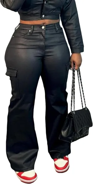 LETSVDO Women's Faux Leather Cargo Pants High Waist Wide Leg Flare Black PU Relaxed Fit Straight Leg Pants Trousers