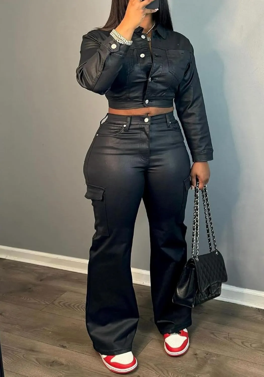 LETSVDO Women's Faux Leather Cargo Pants High Waist Wide Leg Flare Black PU Relaxed Fit Straight Leg Pants Trousers
