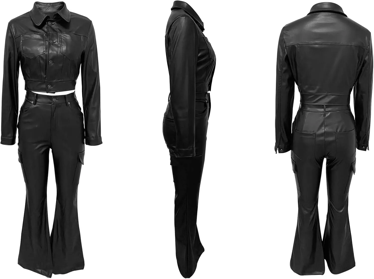 LETSVDO Women's Faux Leather Cargo Pants High Waist Wide Leg Flare Black PU Relaxed Fit Straight Leg Pants Trousers