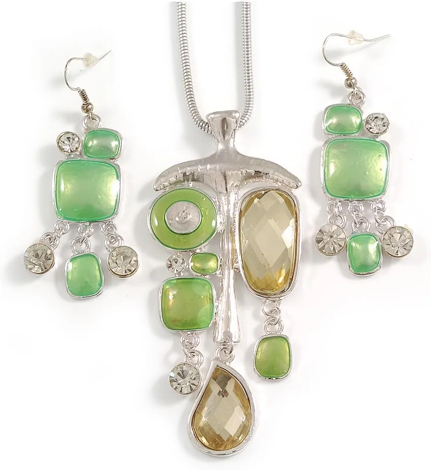 Light Green Enamel Geometric Pendant Necklace & Drop Earrings Set in Silver Tone Metal - 40cm Length/ 8cm extender