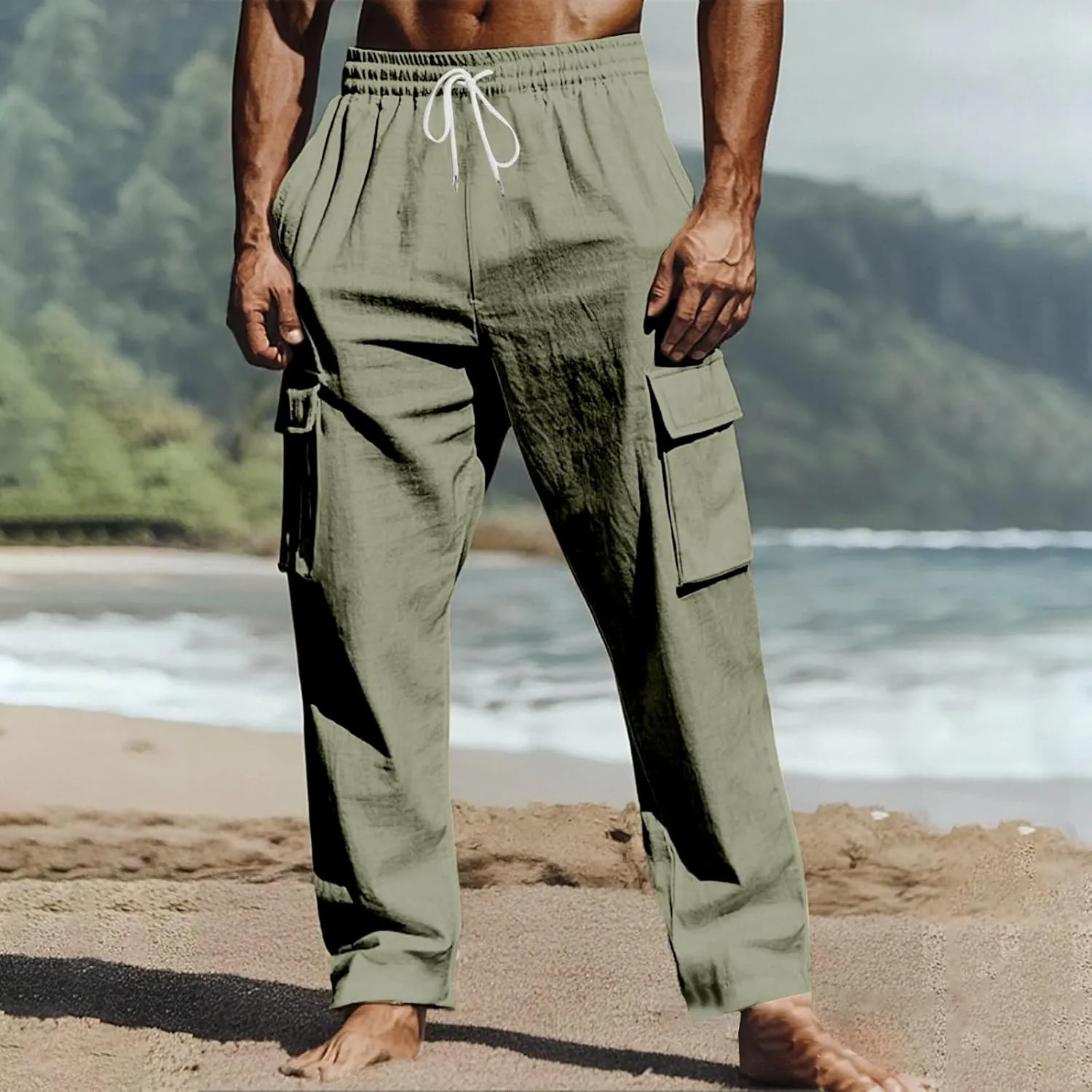 Linen Cargo Pants Men Summer Lightweight Drawstring Elastic Waist Casual Trousers Breathable Hiking Joggers Pockets