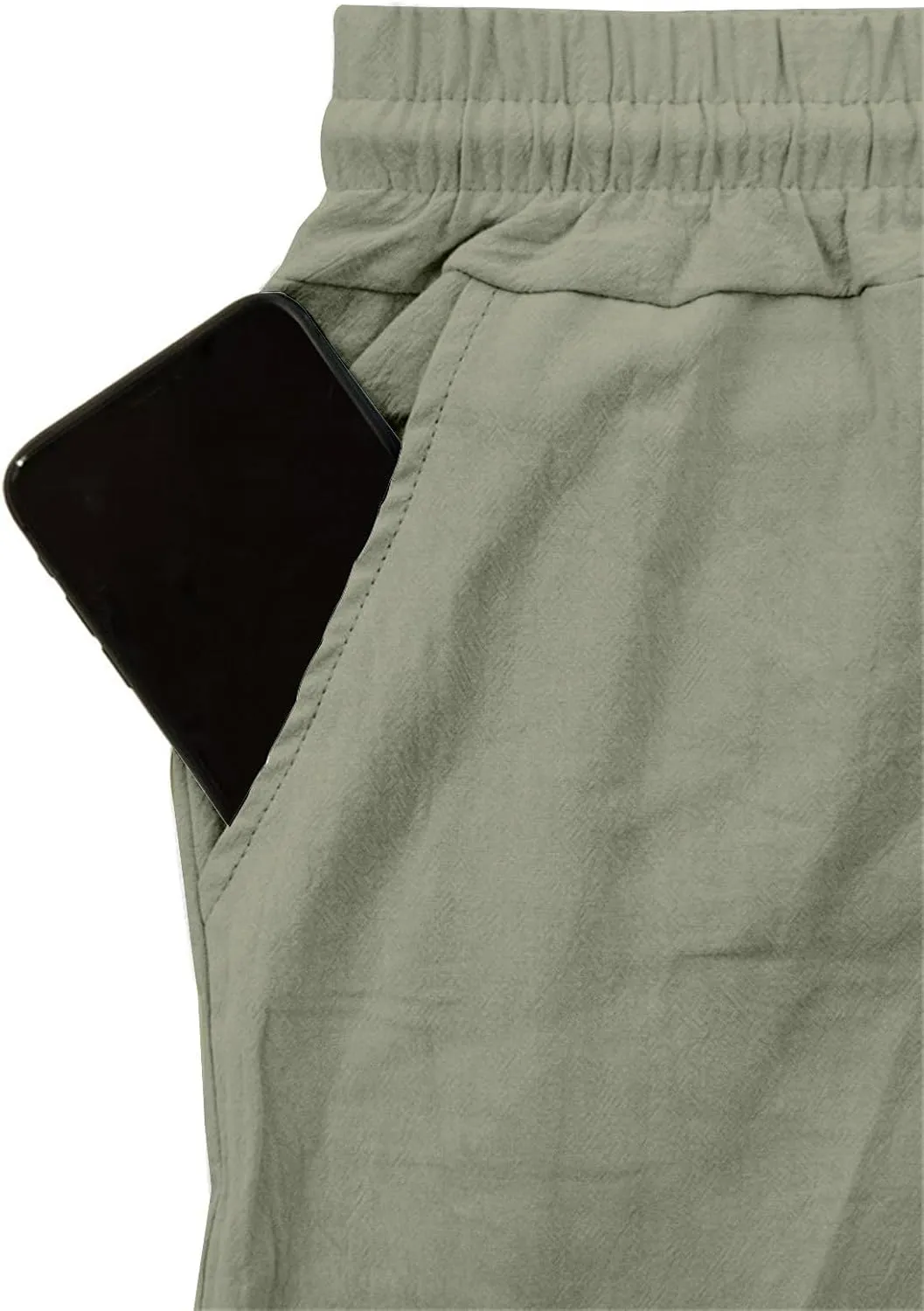 Linen Cargo Pants Men Summer Lightweight Drawstring Elastic Waist Casual Trousers Breathable Hiking Joggers Pockets