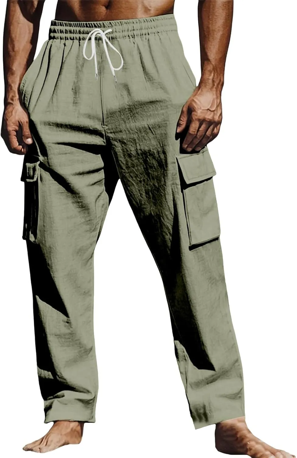 Linen Cargo Pants Men Summer Lightweight Drawstring Elastic Waist Casual Trousers Breathable Hiking Joggers Pockets