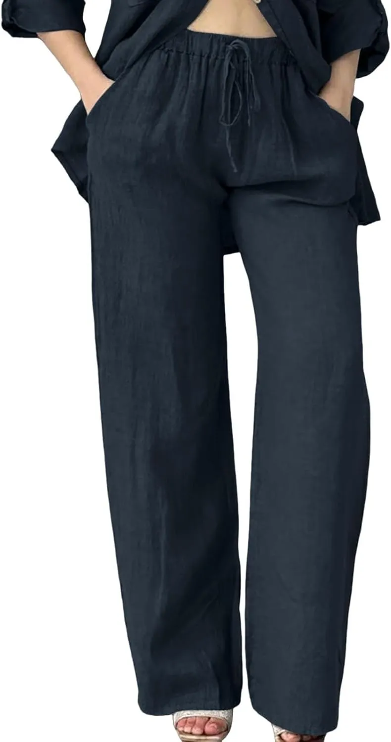 Linen Cotton Pants for Women Summer 2025 Casual Straight High Waisted Drawstring Long Leg Wide Trousers with Pockets