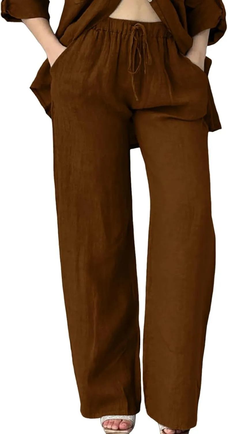 Linen Cotton Pants for Women Summer 2025 Casual Straight High Waisted Drawstring Long Leg Wide Trousers with Pockets