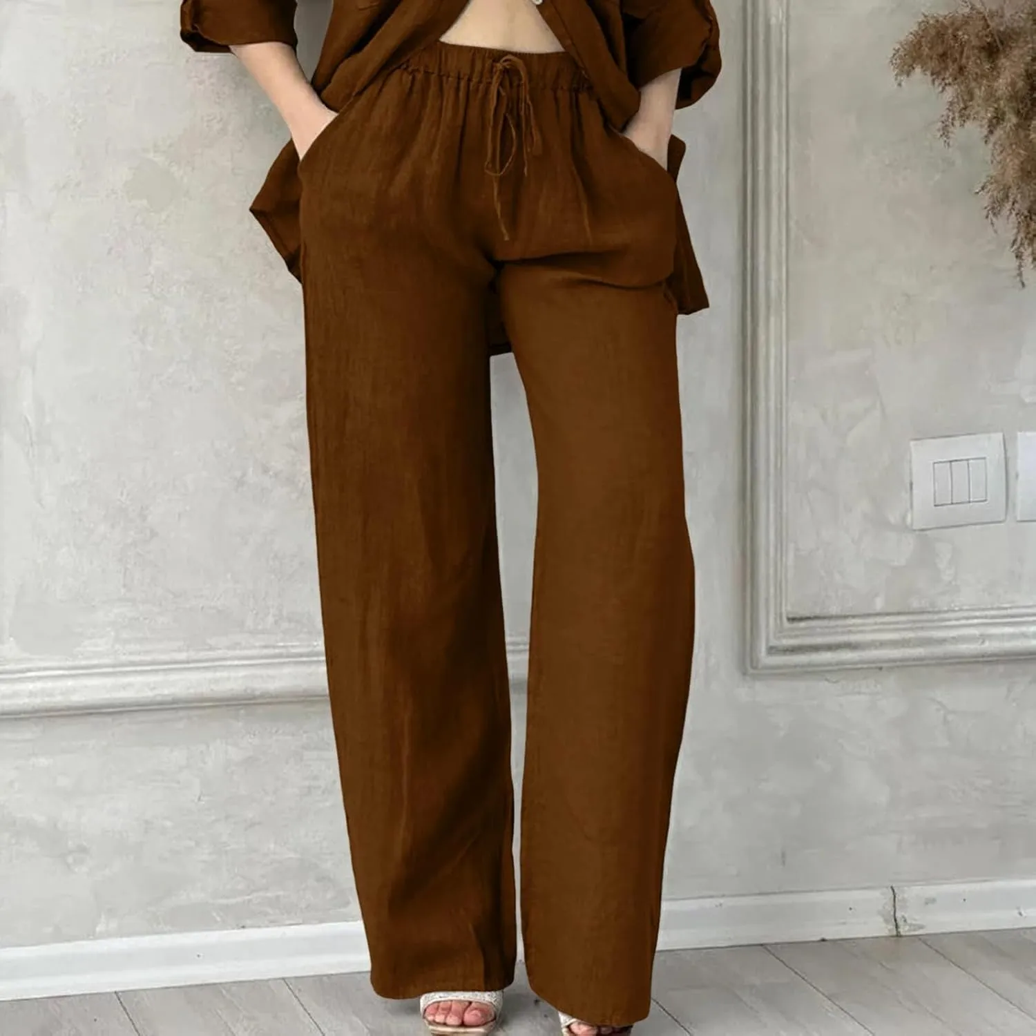Linen Cotton Pants for Women Summer 2025 Casual Straight High Waisted Drawstring Long Leg Wide Trousers with Pockets