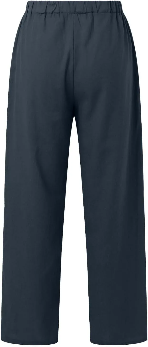 Linen Cotton Pants for Women Summer 2025 Casual Straight High Waisted Drawstring Long Leg Wide Trousers with Pockets