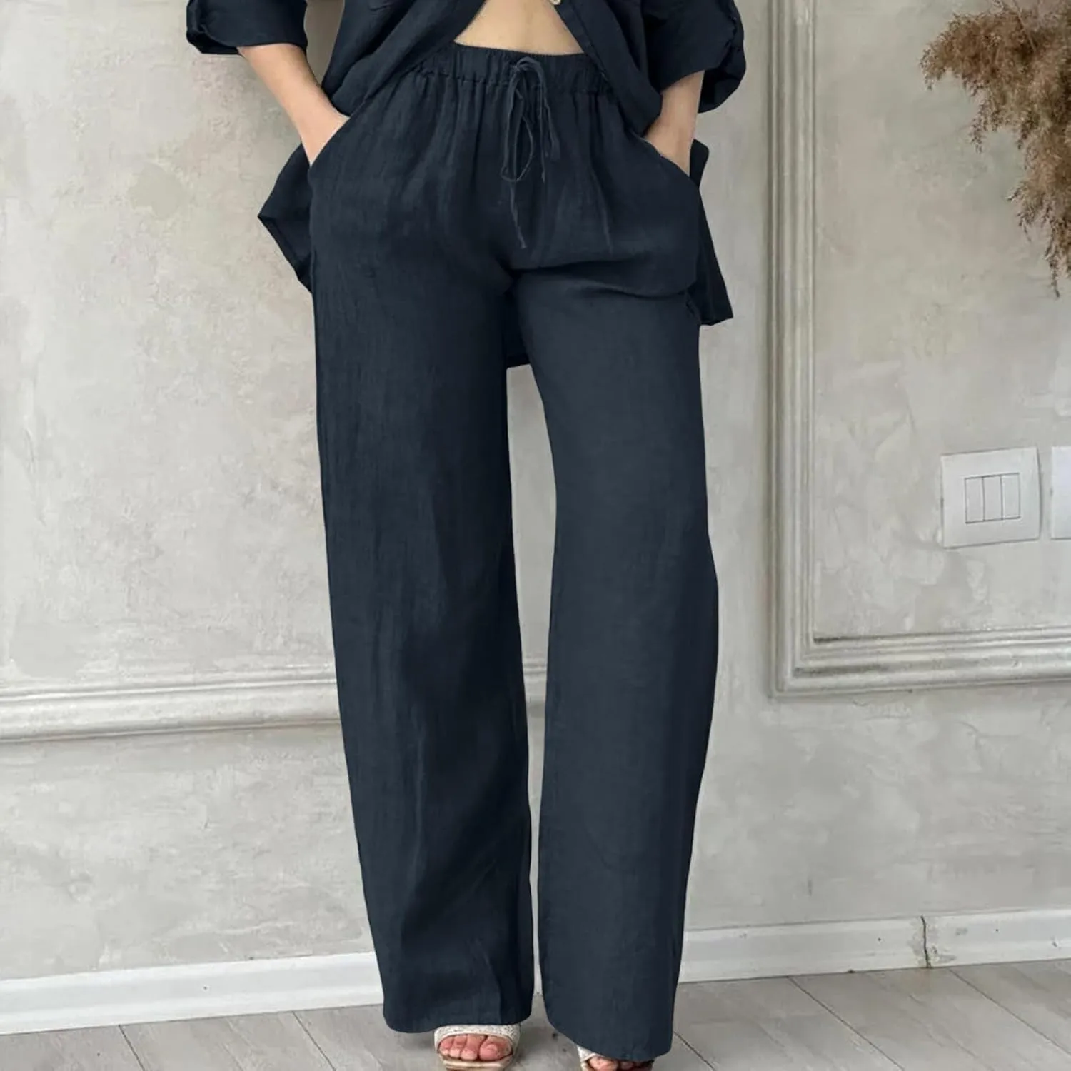 Linen Cotton Pants for Women Summer 2025 Casual Straight High Waisted Drawstring Long Leg Wide Trousers with Pockets