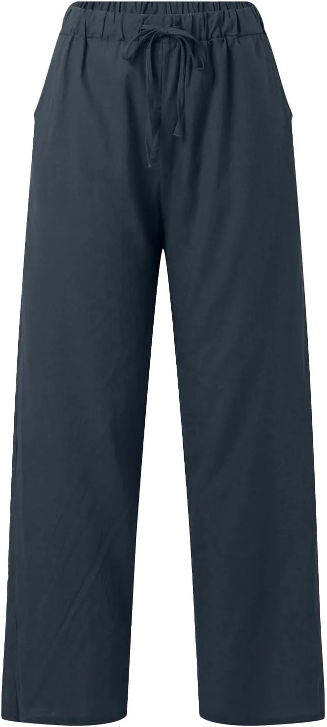 Linen Cotton Pants for Women Summer 2025 Casual Straight High Waisted Drawstring Long Leg Wide Trousers with Pockets