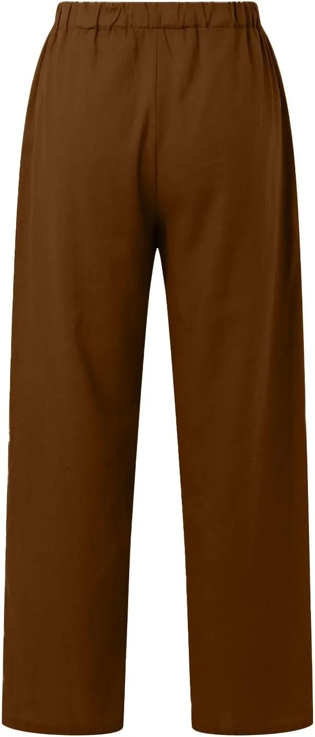 Linen Cotton Pants for Women Summer 2025 Casual Straight High Waisted Drawstring Long Leg Wide Trousers with Pockets