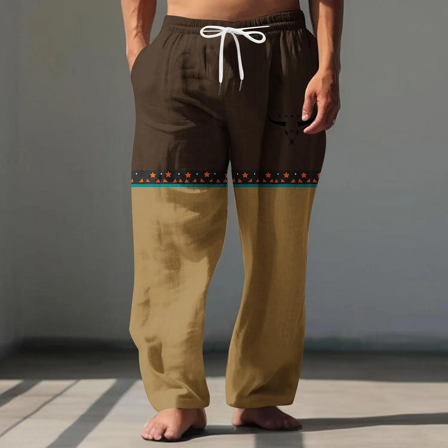 Linen Pants Men Printed Summer Casual Elastic Waist Pants with Pockets Relaxed Fit Soft Loungewear Plus Size