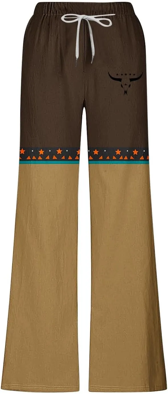 Linen Pants Men Printed Summer Casual Elastic Waist Pants with Pockets Relaxed Fit Soft Loungewear Plus Size