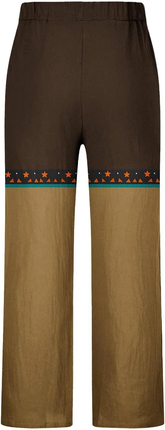 Linen Pants Men Printed Summer Casual Elastic Waist Pants with Pockets Relaxed Fit Soft Loungewear Plus Size