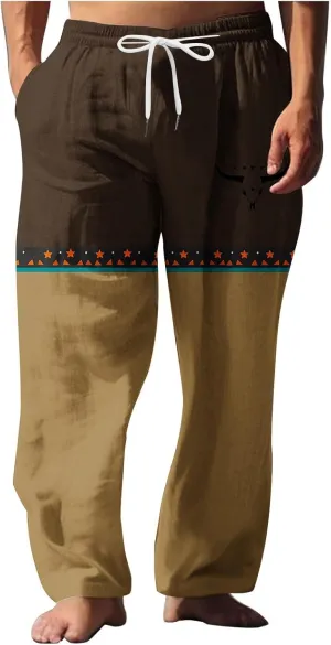 Linen Pants Men Printed Summer Casual Elastic Waist Pants with Pockets Relaxed Fit Soft Loungewear Plus Size