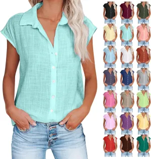 Linen Shirts for Women Summer Button Down Cap Sleeve Shirts Casual Loose Solid V Neck Tops Business Casual Blouses