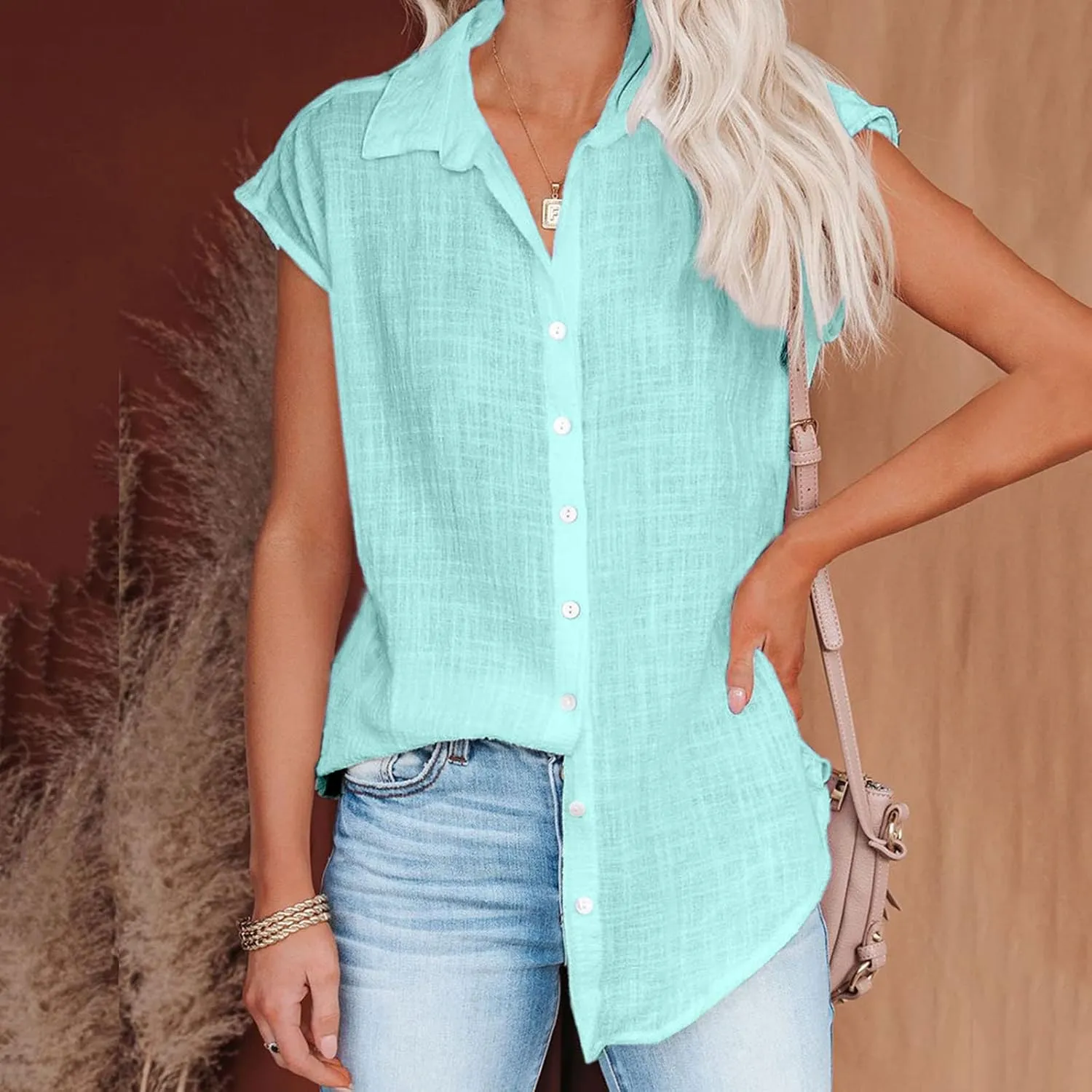 Linen Shirts for Women Summer Button Down Cap Sleeve Shirts Casual Loose Solid V Neck Tops Business Casual Blouses