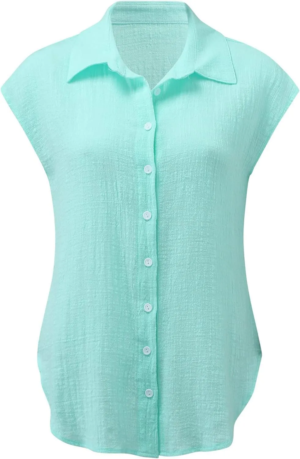 Linen Shirts for Women Summer Button Down Cap Sleeve Shirts Casual Loose Solid V Neck Tops Business Casual Blouses