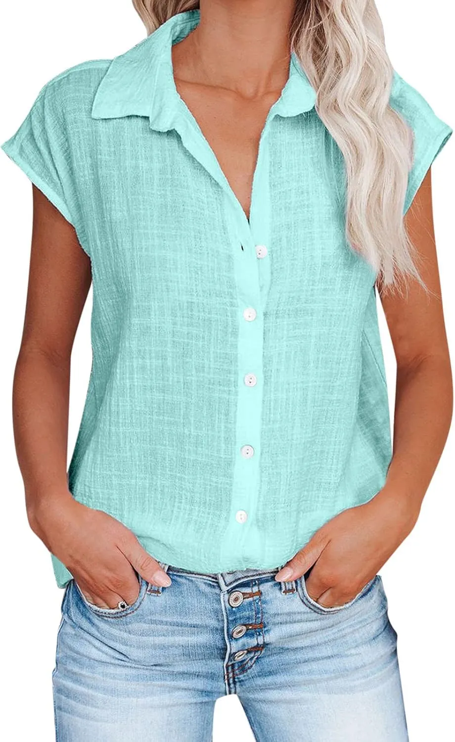 Linen Shirts for Women Summer Button Down Cap Sleeve Shirts Casual Loose Solid V Neck Tops Business Casual Blouses