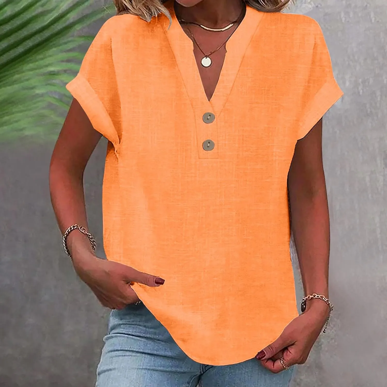 Linen Shirts for Women Summmer Short Sleeve Casual Tops Henley Vcation Beach Lounge Button Lightweight Tunic Blouse