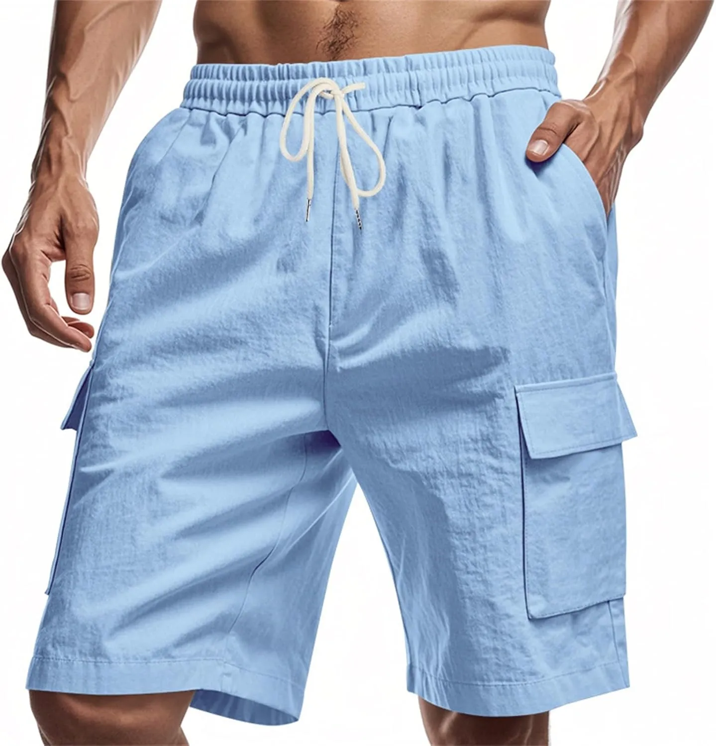 Linen Shorts for Men Cargo Elastic Waist Drawstring Shorts Summer Lightweight Pants Relaxed Fit with Pockets