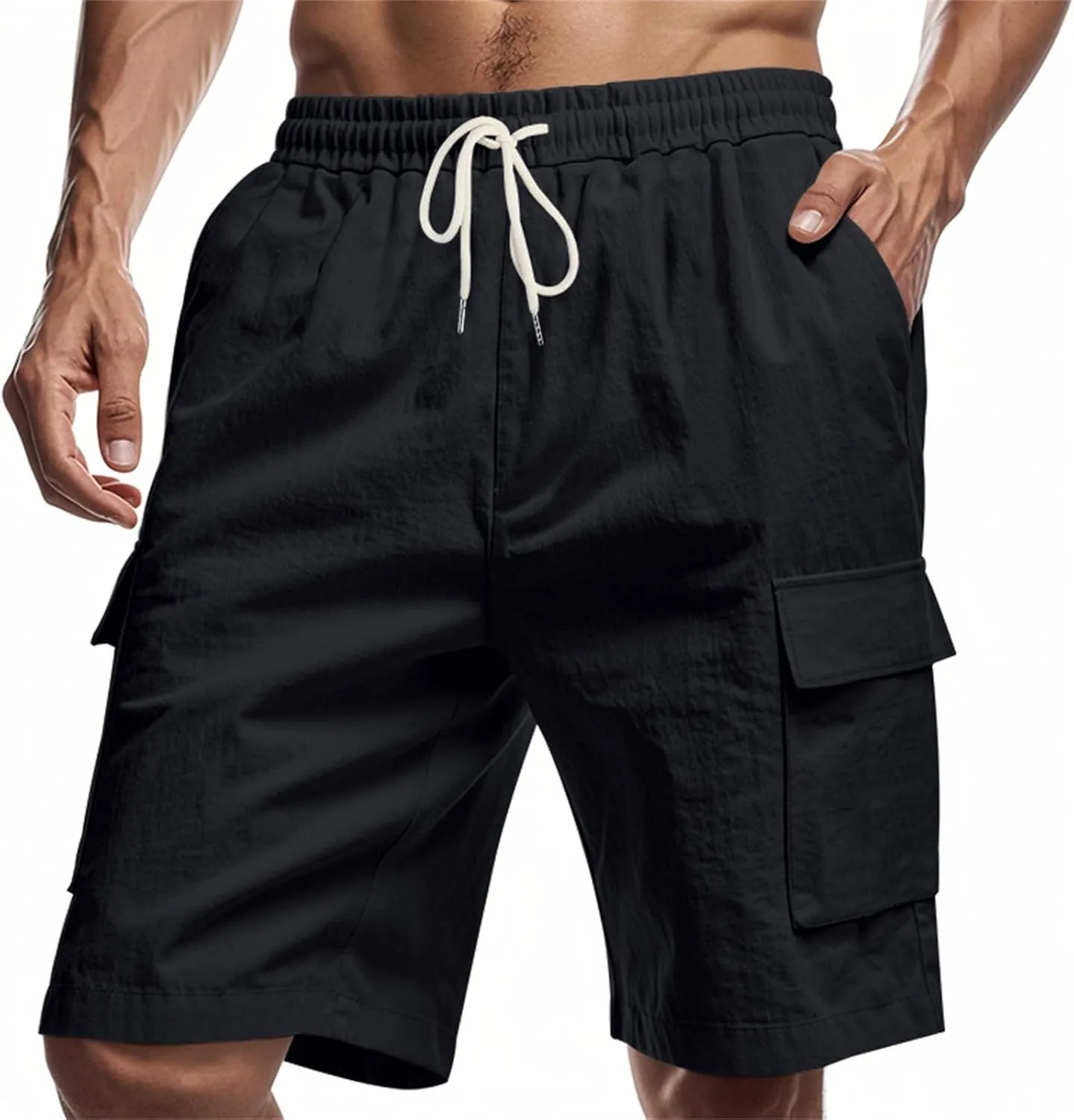 Linen Shorts for Men Cargo Elastic Waist Drawstring Shorts Summer Lightweight Pants Relaxed Fit with Pockets