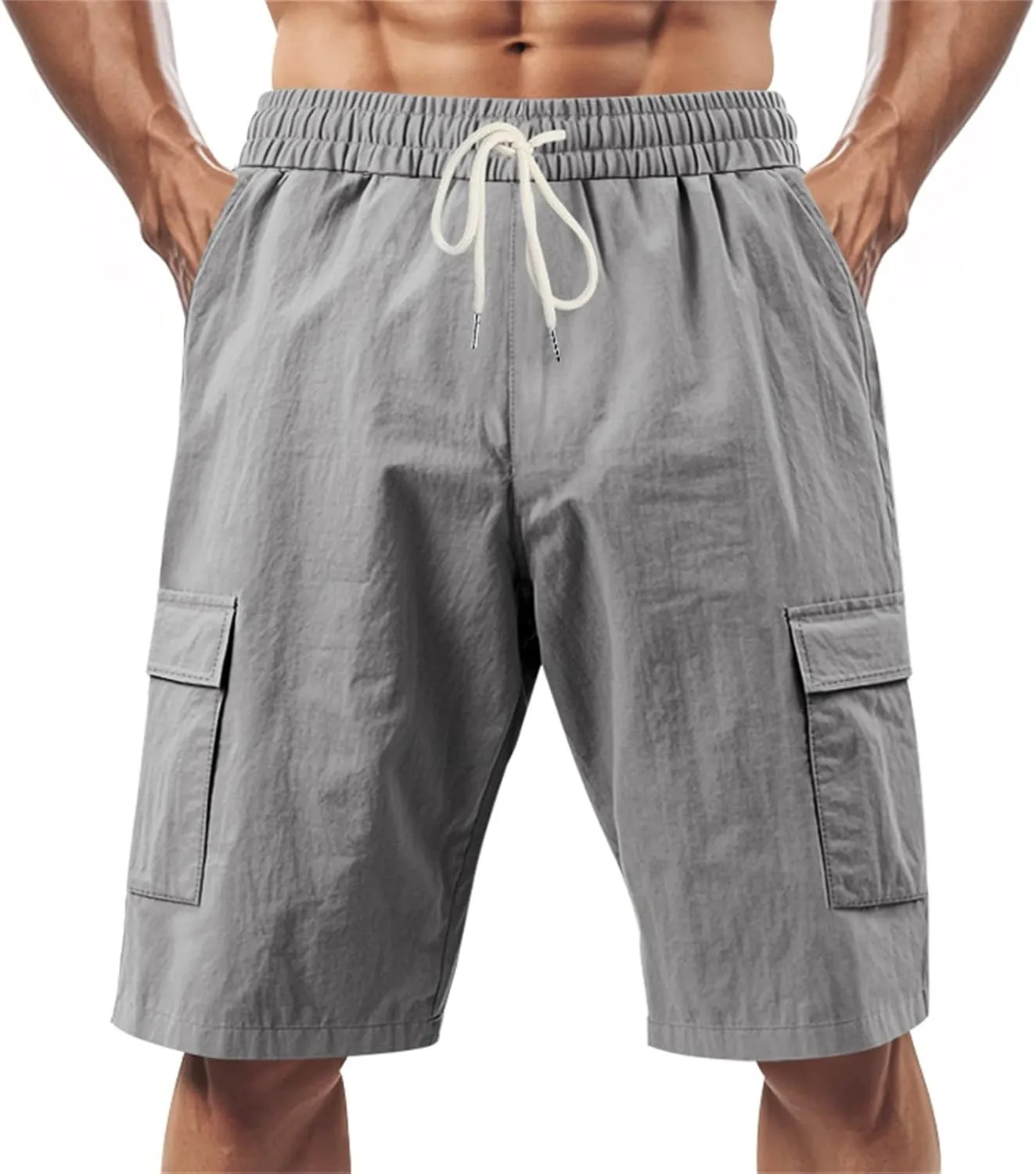 Linen Shorts for Men Cargo Elastic Waist Drawstring Shorts Summer Lightweight Pants Relaxed Fit with Pockets