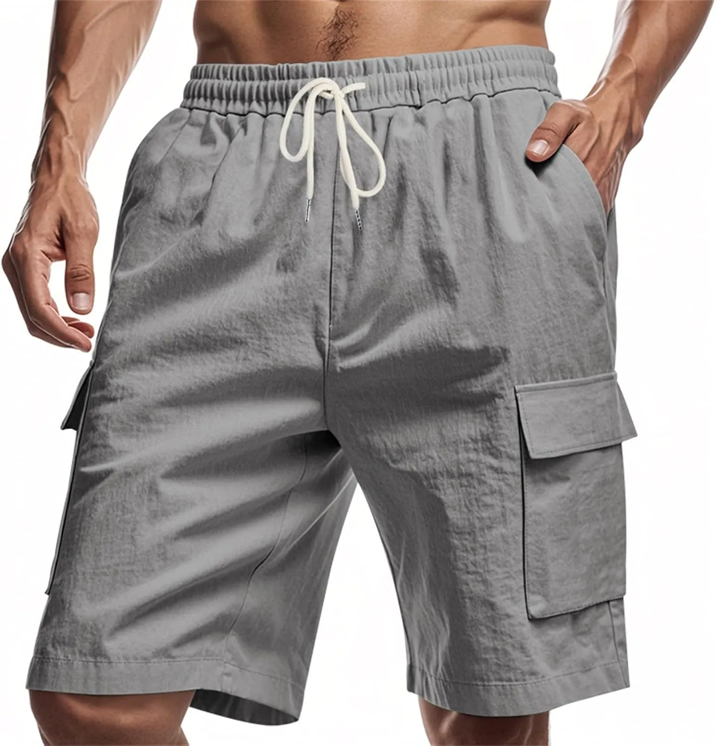 Linen Shorts for Men Cargo Elastic Waist Drawstring Shorts Summer Lightweight Pants Relaxed Fit with Pockets