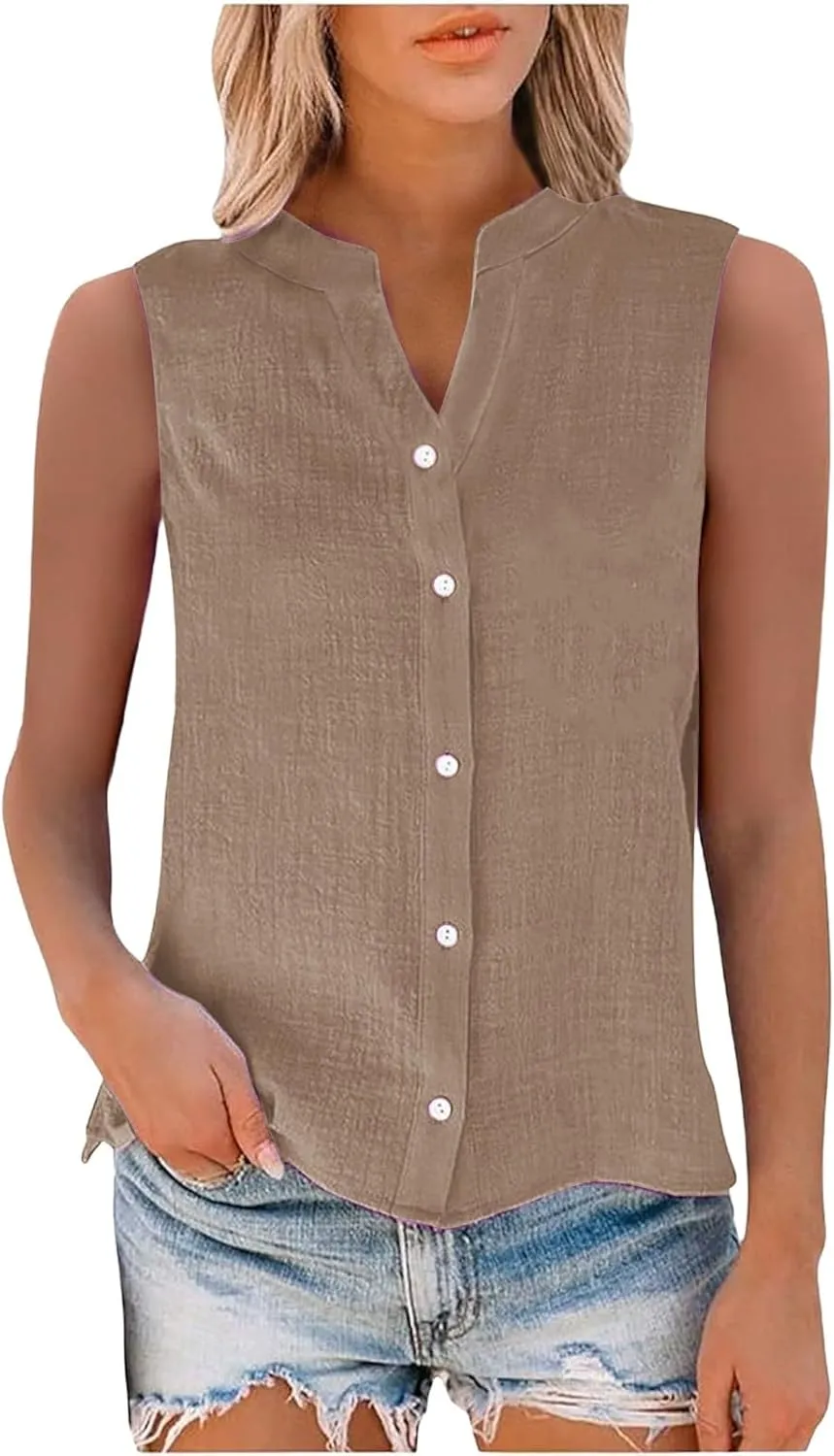 Linen Tank Tops for Women Button Down Sleeveless V Neck Loose Comfort Shirts Plus Size Summer Clothes for Women