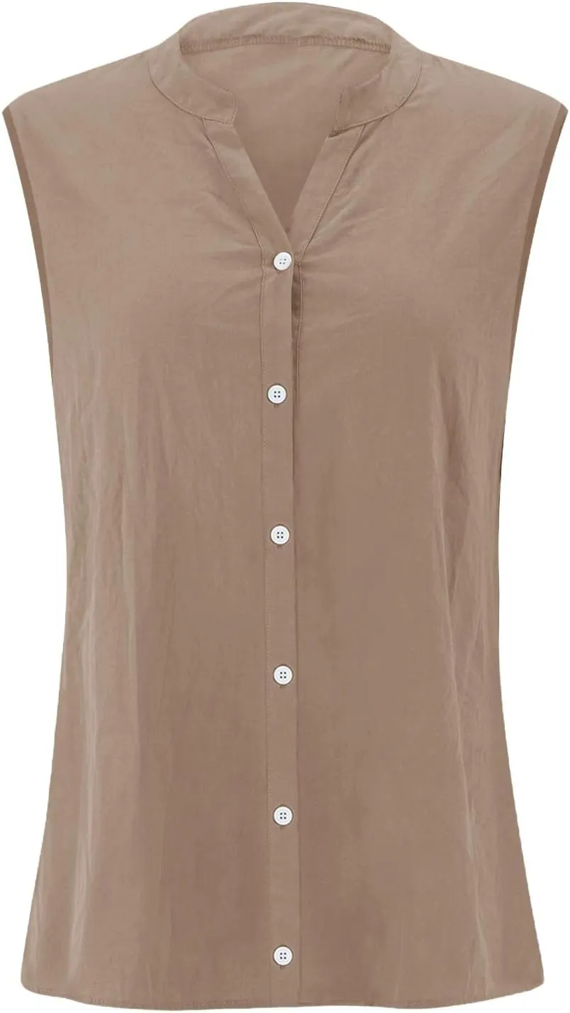 Linen Tank Tops for Women Button Down Sleeveless V Neck Loose Comfort Shirts Plus Size Summer Clothes for Women