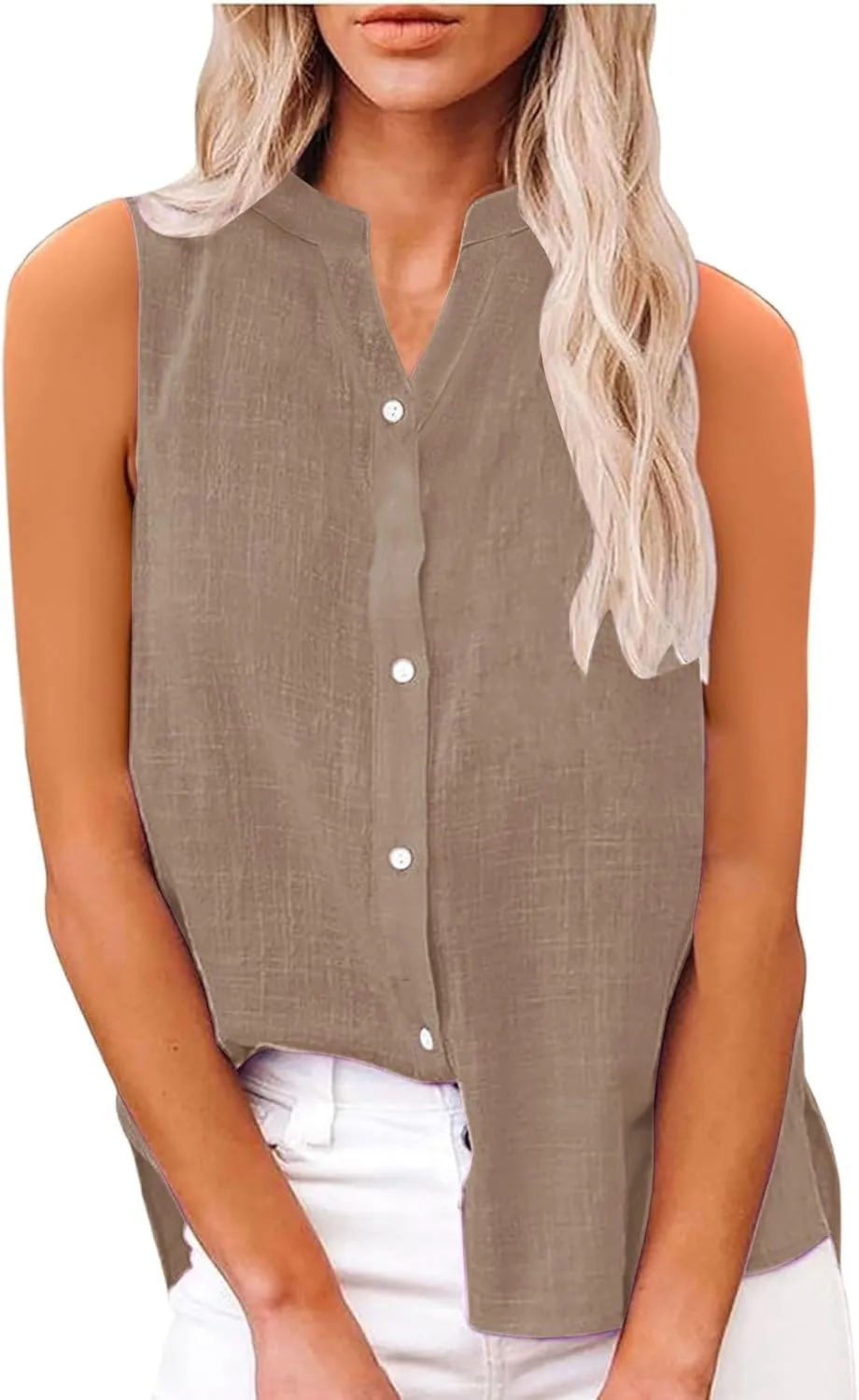 Linen Tank Tops for Women Button Down Sleeveless V Neck Loose Comfort Shirts Plus Size Summer Clothes for Women