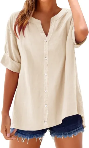 Linen Tops for Women 2025 Summer Button Down V Neck Shirts Casual Short Sleeve Loose Tshirt Cotton Linen Blouse Tees